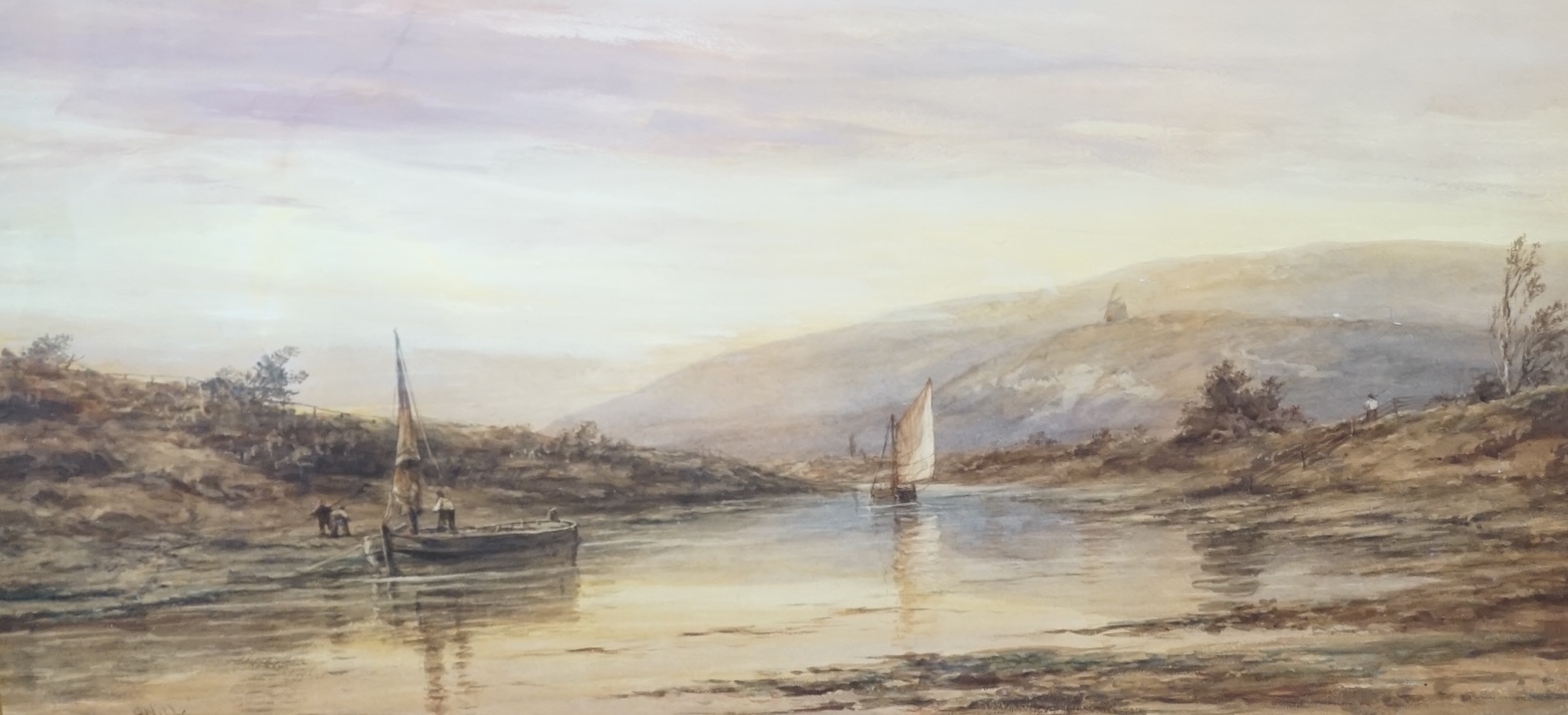 Richard Henry Nibbs (1816-1893), watercolour, Extensive river landscape, signed and dated 1881, 53 x 102cm, gilt framed. Condition - poor